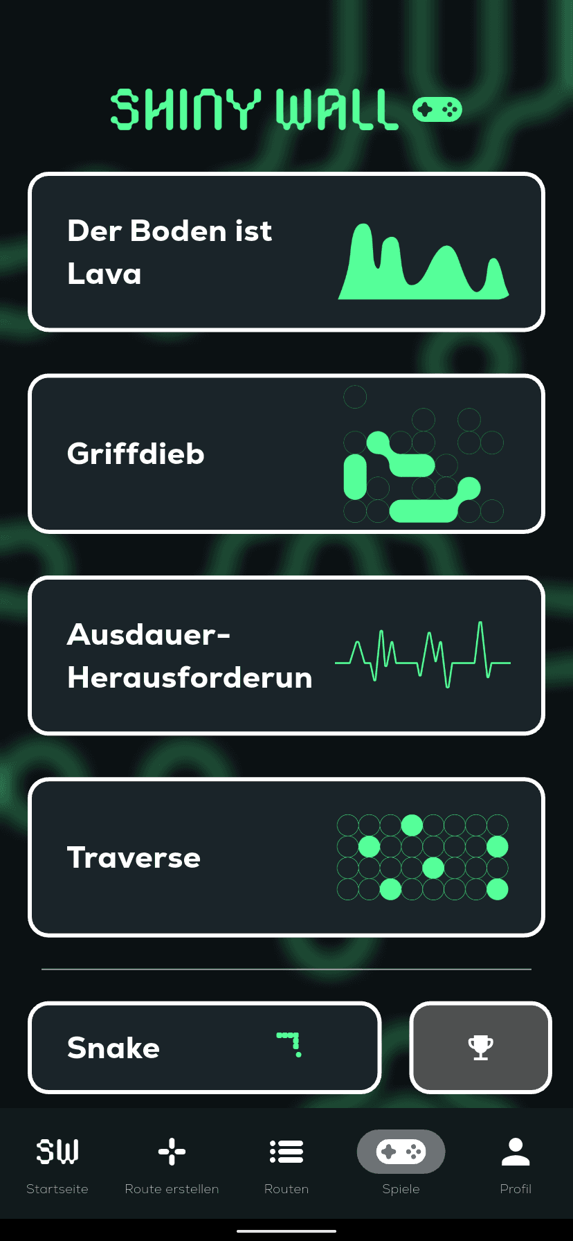 Spiele und Trainings der Shiny Wall App: Traversen, Griffdieb und mehr