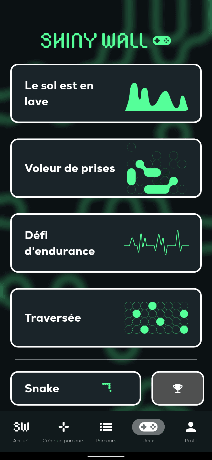 Jeux et entraînements de l’app Shiny Wall&nbsp;: traversées, voleur de prises et plus