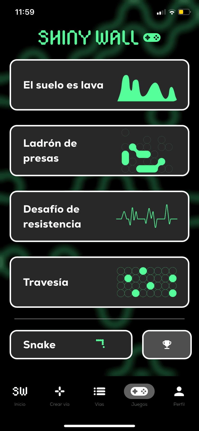 Juegos y entrenamientos de la app Shiny Wall: travesías, ladrón de presas y más